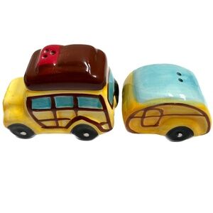 Pier 1 Woody Car And Camper Trailer Salt And Pepper Shakers 2 Pieces Yellow Teal